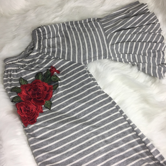 Glamvault Tops - Grey Stripe Off Shoulder Top Embroidered Rose